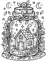 Obraz premium Cozy Fairy House Jar coloring pages