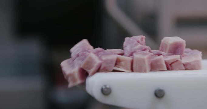 Raw diced pork arranged on a white cutting board