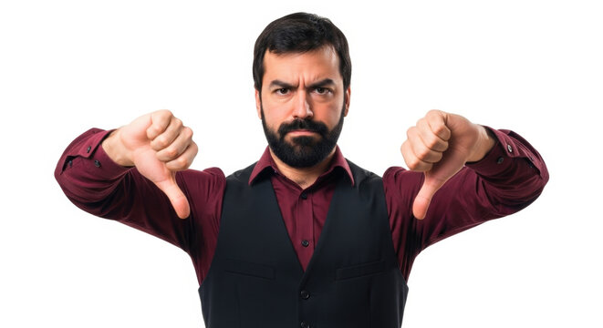 Bearded Man Giving Thumbs Down in Studio with Serious Expression and Maroon Outfit