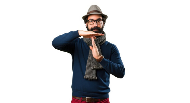 Bearded Man Gesturing Timeout with Hands Wearing Hat and Scarf on White Backdrop