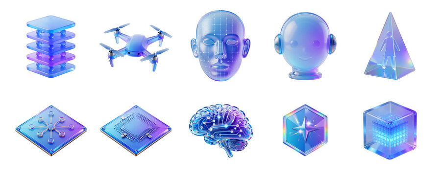 Set of 3D technology icons with blue gradient finish isolated on transparent background, illustration