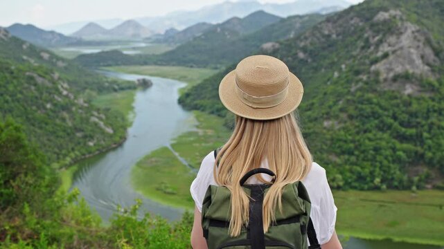 Woman overlooking Crnojevic River from Pavlova Strana viewpoint in Montenegro