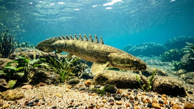 bichir fish close up swimming underwater in african river video