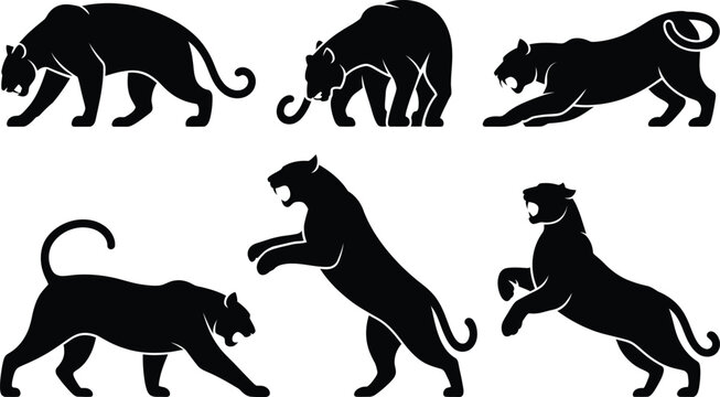 Black panther and jaguar silhouettes displaying aggressive hunting poses and prowling stances with silhouette predator wildlife prowling collection isolated background ferocious strength