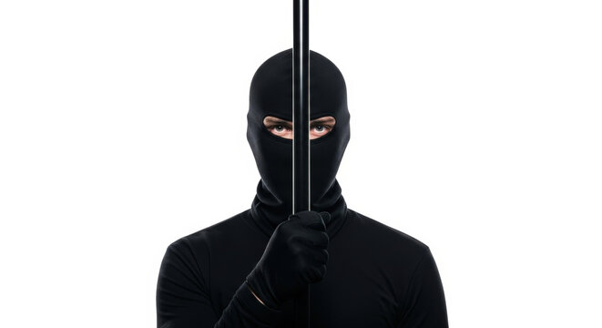 Burglar Wearing Balaclava Mask Holding Crowbar Prying Opening Isolated Threatening Crime Danger Violence Mischief