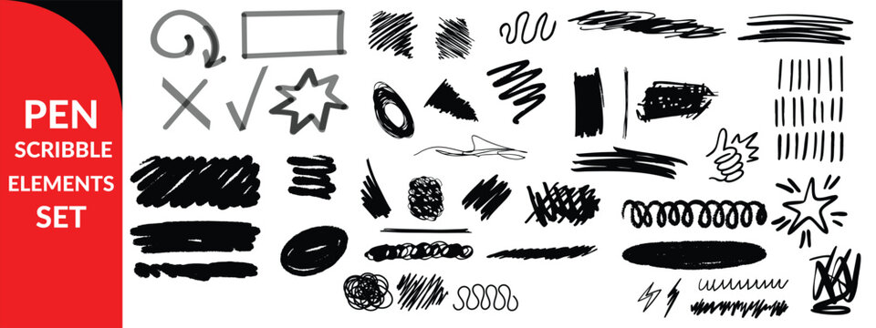 Black pen scribble elements set. Hand-drawn pen scribbles and ballpoint ink doodles set - featuring circles, rectangles, underlines, hatching, highlights
