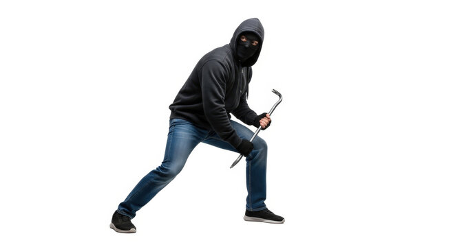 Burglar with Crowbar Wearing Black Balaclava Leaning Forward Ready to Pounce Isolated on White 149