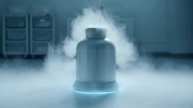 Cryogenic storage container emitting thick white cold vapor fog on a laboratory floor vessel liquid nitrogen freezing