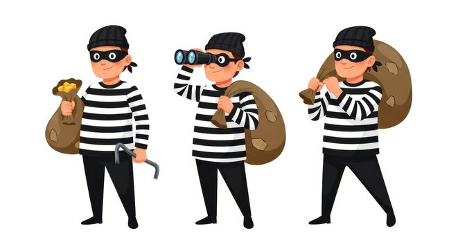 Cartoon Robbers in Striped Shirts and Masks: Thief with Sack, Binoculars and Crowbar, Vector Illustration on White Background