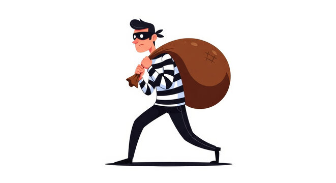 Cartoonish Thief Carrying Bag of Loot Wearing Mask and Black and White Shirt Isolated on White Background for Vector Illustration