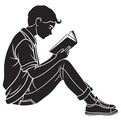 Young person sitting and reading a book black graphic