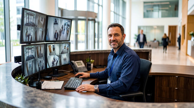 Security guard sitting at reception desk with multiple surveillance monitors in modern office lobby