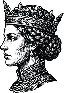 Detailed vintage queen profile portrait vector illustration wearing an ornate royal crown with medieval engraving woodcut style isolated on white background