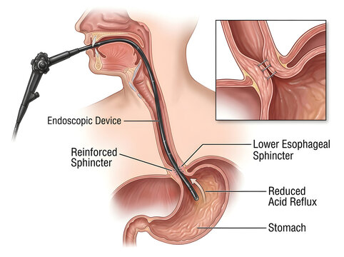 Medical endoscopic procedure reinforcing lower esophageal sphincter isolated on white background