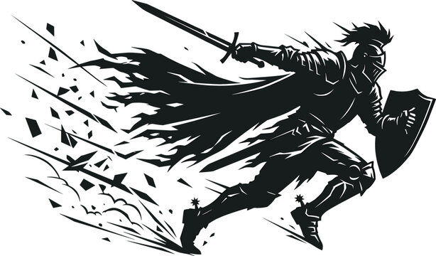 Dynamic charging knight silhouette vector illustration featuring a medieval warrior in full armor running with sword and shield isolated on white