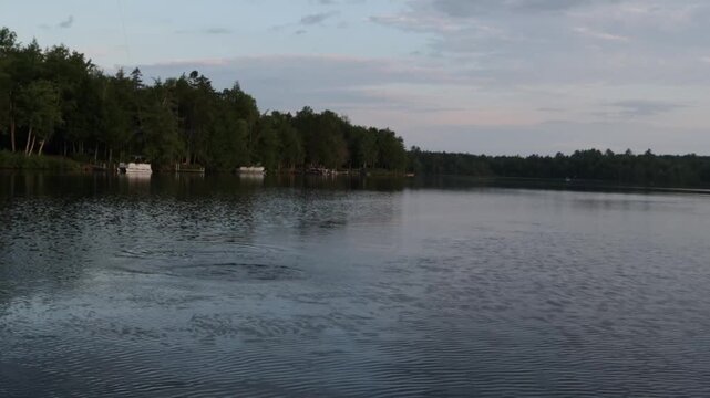 Fish on Large Mouth Bass Jumps Out Of The Water On A Remote Pond In Lincoln, Maine On A Quiet Summer Morning
