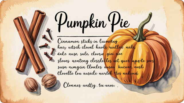 Illustrated pumpkin pie recipe card with watercolor spices and pumpkins