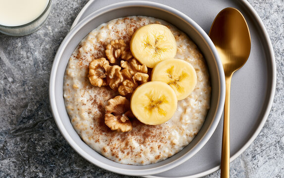 Banana walnut oatmeal breakfast healthy creamy fresh nutritious gold spoon gray plate delicious morning meal