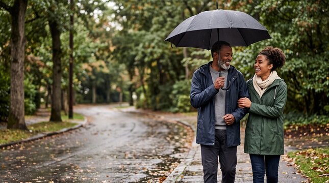 Rainy Day Stroll: A loving couple shares an umbrella and a warm smile during a leisurely walk in a park on a rainy day, surrounded by autumn foliage.