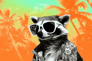 Fototapeta premium Raccoon wearing sun glasses on the beach sunglasses mammal animal.
