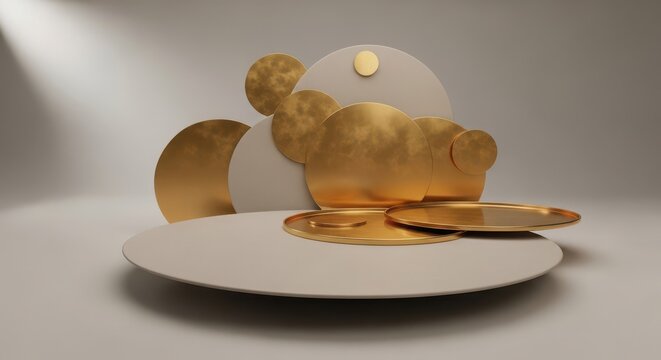 Golden circular podiums for product display in a minimal studio setting