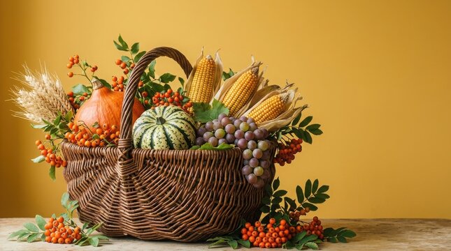 Abundant harvest basket a festive thanks giving day still life for autumn celebrations