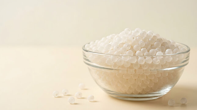 Small glass bowl filled with white tapioca pearls on a plain light beige background surface