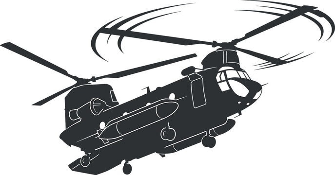 Military twin engine chinook helicopter silhouette vector illustration featuring a heavy lift transport aircraft with spinning rotors flying midair on white background