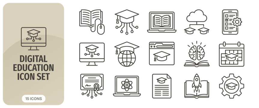 Digital education icon set, online learning and elearning symbols, vector line icons for web and mobile apps