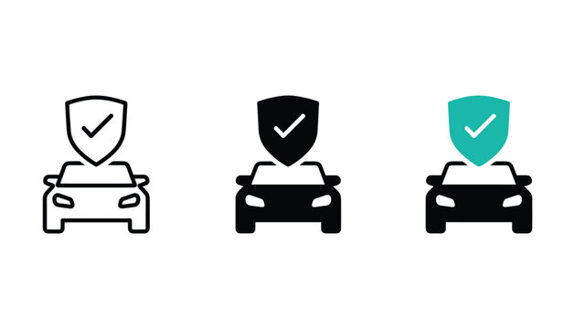 Secure vehicle insurance icons featuring a car silhouette with a protective shield and checkmark in three distinct styles for automotive safety and auto insurance service website design