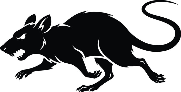 Aggressive running rat silhouette vector illustration featuring an angry rodent monster mascot with sharp teeth and curled tail isolated on white background