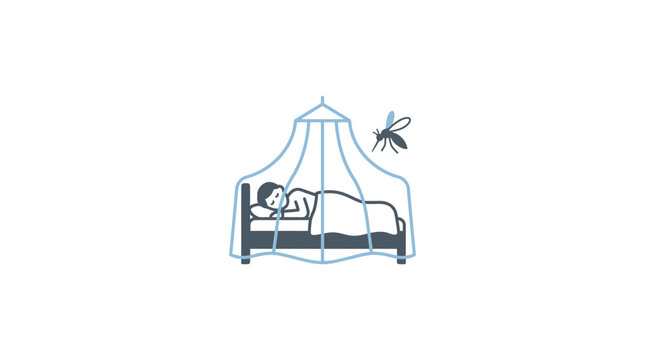 Person sleeping under mosquito net with insect flying nearby, protection concept