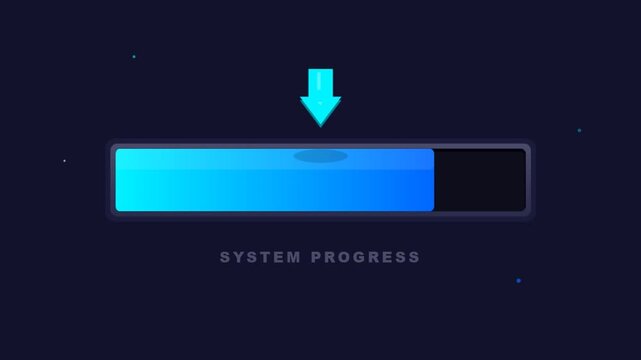 Digital progress bar loading indicator with arrow animation on dark background