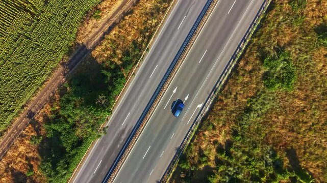 A blue car moves along a highway that is bordered by fields. The scene shows clear weather and dry grass on both sides. The road has marked arrows showing direction.