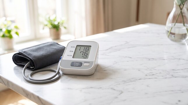 Digital blood pressure monitor sits on a white marble surface featuring a clear screen showing healthy readings with a gray cuff resting nearby under soft natural daylight in home setting