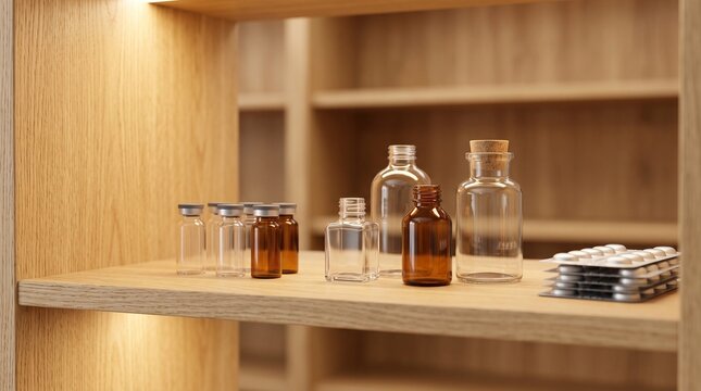 Small empty glass apothecary bottles and amber vials arranged neatly on a smooth wooden shelf illuminated by soft warm light inside a modern pharmacy display to showcase medical storage solutions.