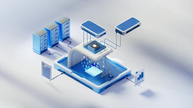 Isometric Cloud Data Server Processor with CPU Chip Infrastructure Network 2D Animation