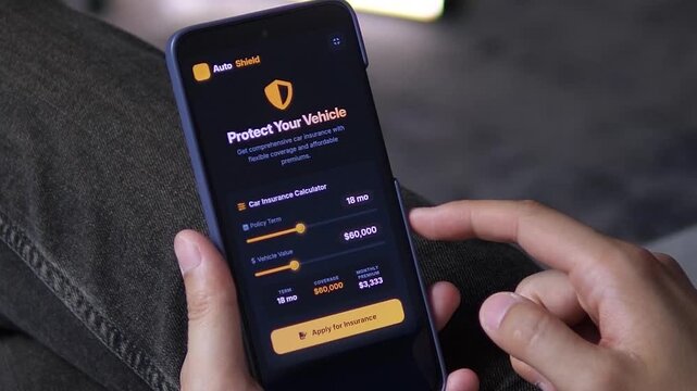 A mobile car insurance calculator allows users to estimate coverage costs by adjusting policy terms and vehicle values. The interface dynamically updates the monthly premium based on inputs,