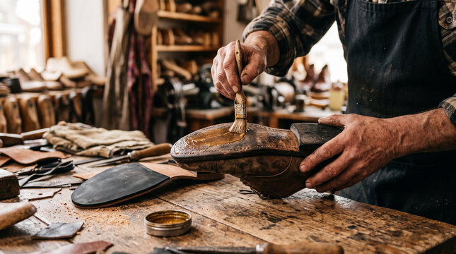 Cobbler's hands resoling a leather shoe &mdash; traditional leather craft and shoe repair trade occupation concept.