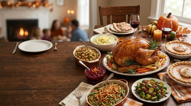 Festive thanks giving day dinner roasted turkey with traditional sides and family gathering