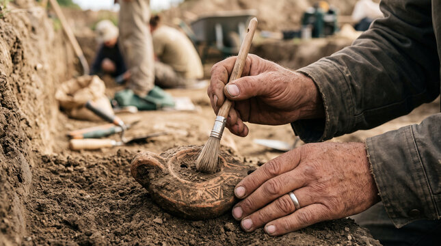 Archaeologist's hands brushing dirt off an ancient artifact &mdash; historical excavation and archaeology occupation concept.