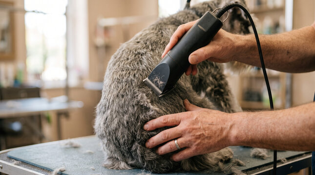 Dog groomer's hands trimming fur with clippers &mdash; pet grooming and animal care occupation concept.