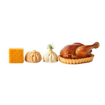 Collection of food including cheese and roasted chicken on transparent view meat