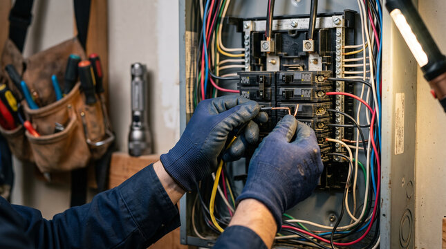 Electrician's hands wiring a residential electrical panel &mdash; skilled trade and electrical contractor occupation concept.
