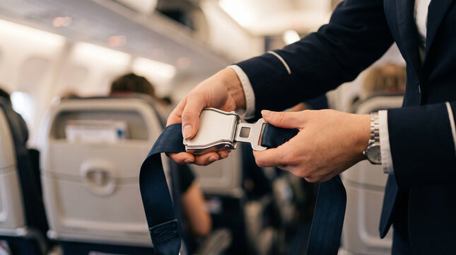 Flight attendant's hands demonstrating seatbelt safety &mdash; aviation cabin crew and airline service occupation concept.