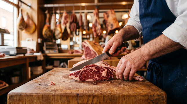 Butcher's hands trimming a meat cut on a wooden block &mdash; traditional butchery and meat craft occupation concept.