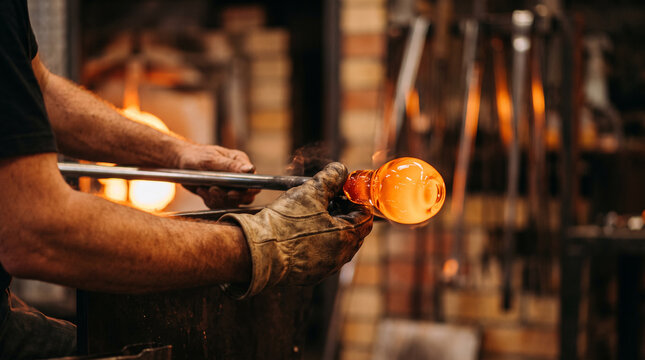 Glassblower's hands shaping molten glass on a blowpipe &mdash; artisan craft and glassblowing trade occupation concept.