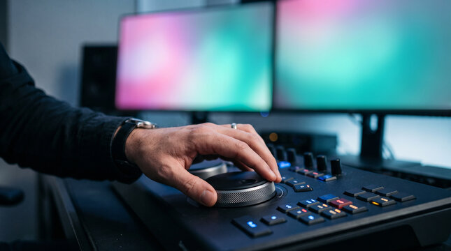 Video editor's hands on an editing console jog wheel &mdash; film production and media post-production occupation concept.