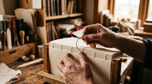 Bookbinder's hands sewing a book spine binding &mdash; traditional craftsmanship and bookbinding trade occupation concept.