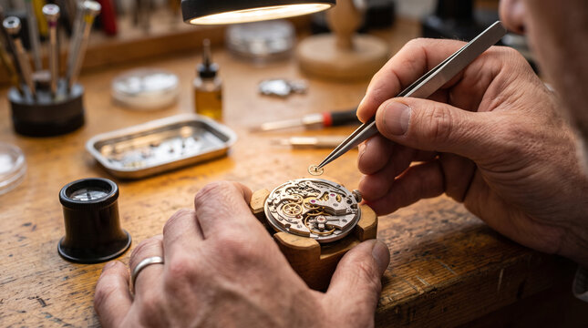 Watchmaker's hands assembling tiny watch gears &mdash; precision horology and watchmaking trade occupation concept.